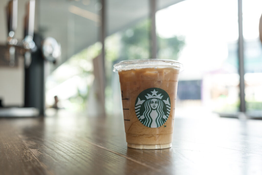 Starbucks iced beverage coffee cup at Starbucks coffee shop